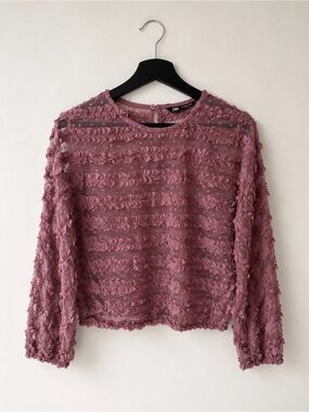ZARA Mauve Textured Ruffle Tulle Blouse Long Sleeve Semi Sheer Size M